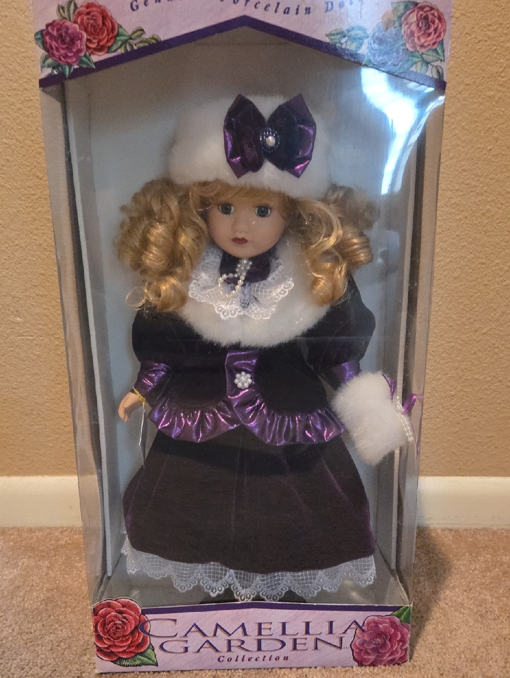Camellia Garden Porcelain Doll in Purple Velvet Outfit